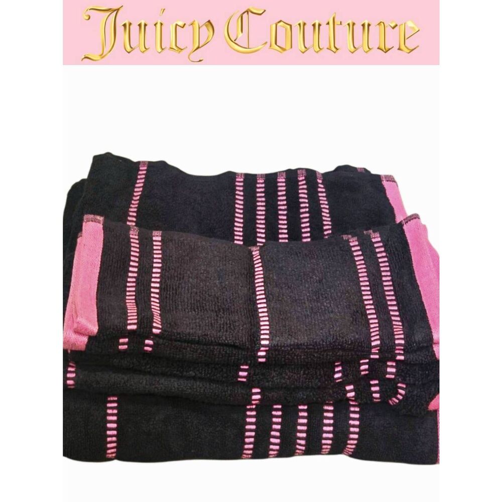 Juicy Couture Home Etched Stripe Bath Towel Set- Black/Pink